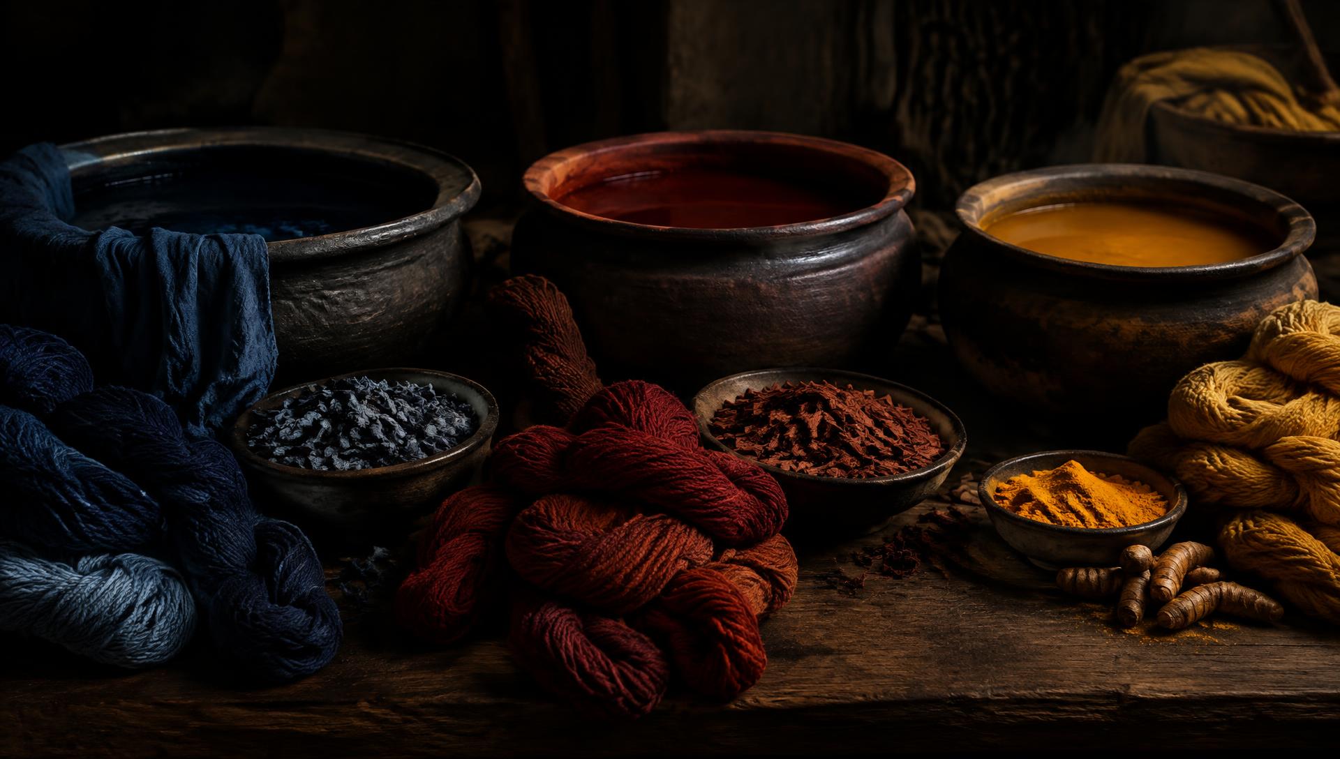 Dye pots with indigo, madder and turmeric yarns