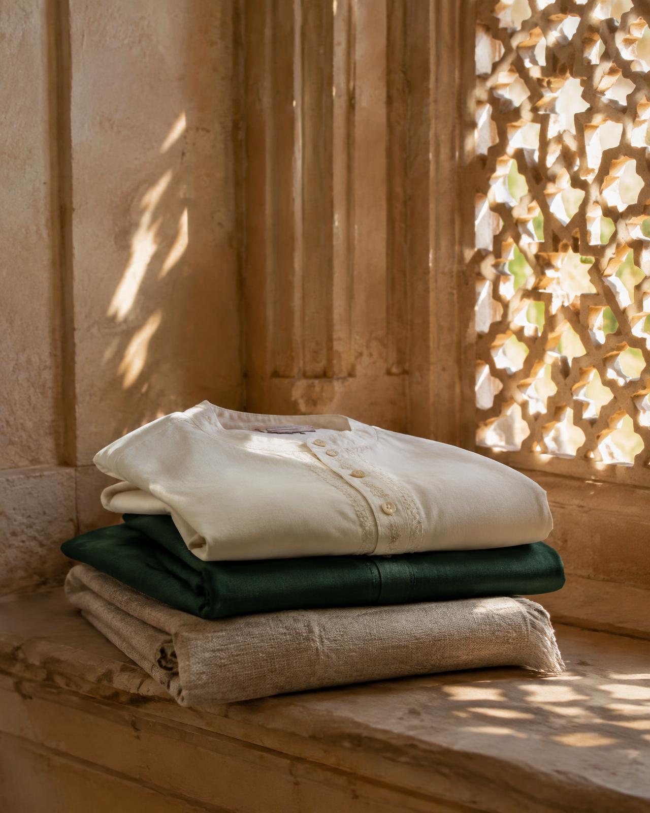 Folded contemporary Indian garments by a stone jaali