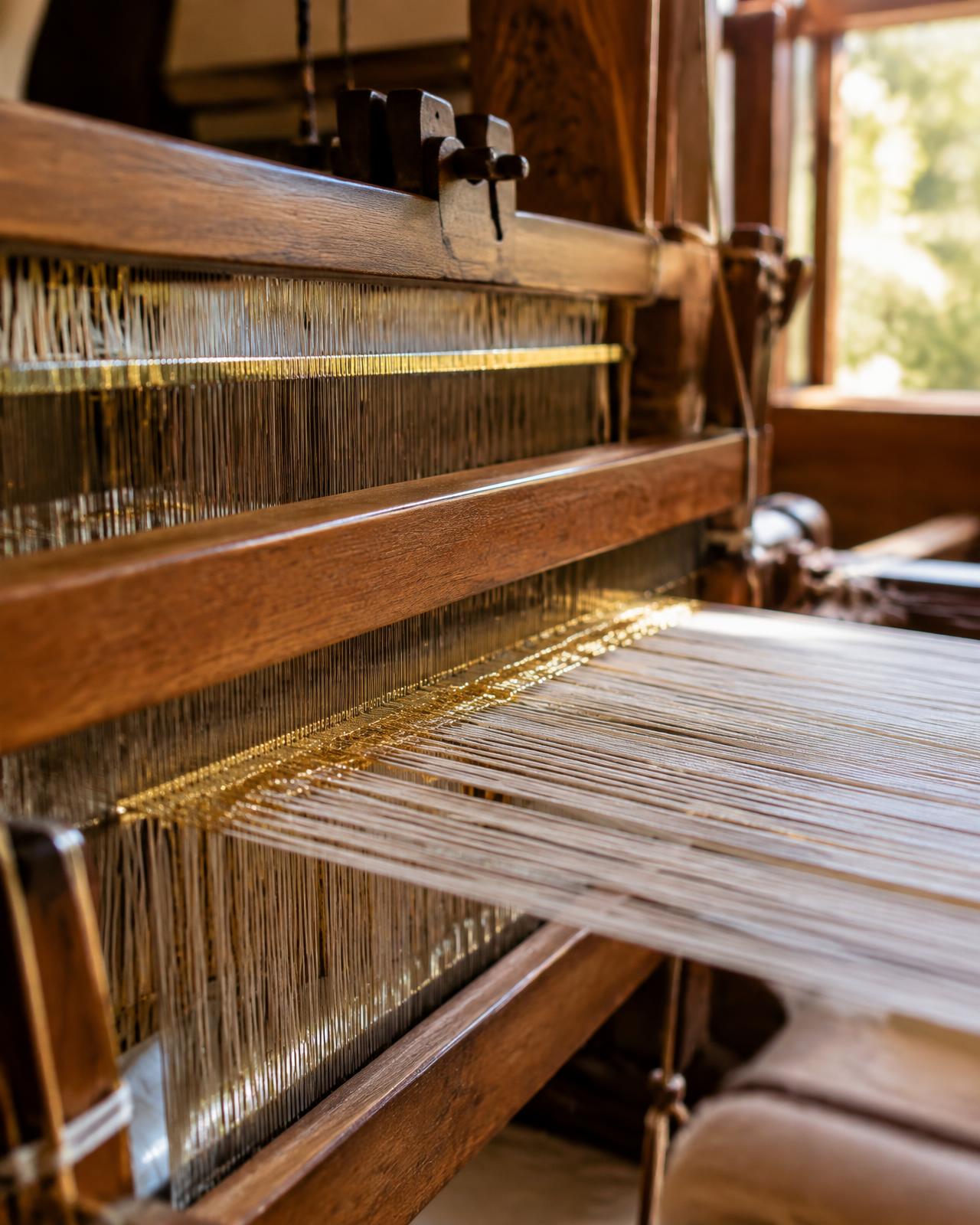 Warp threads on a wooden loom